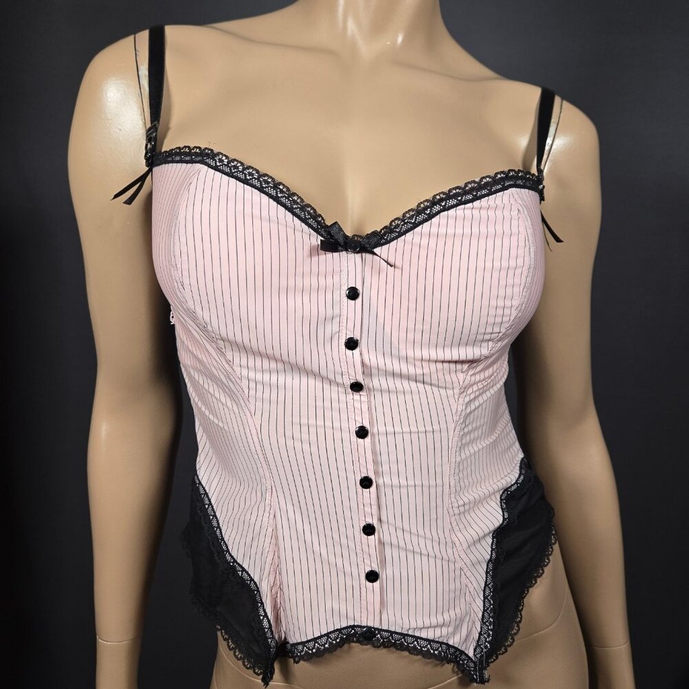 Y2K  Bustier Lingerie Top 38 D Pink Black Pinstriped Bows Lace Trim Coquette